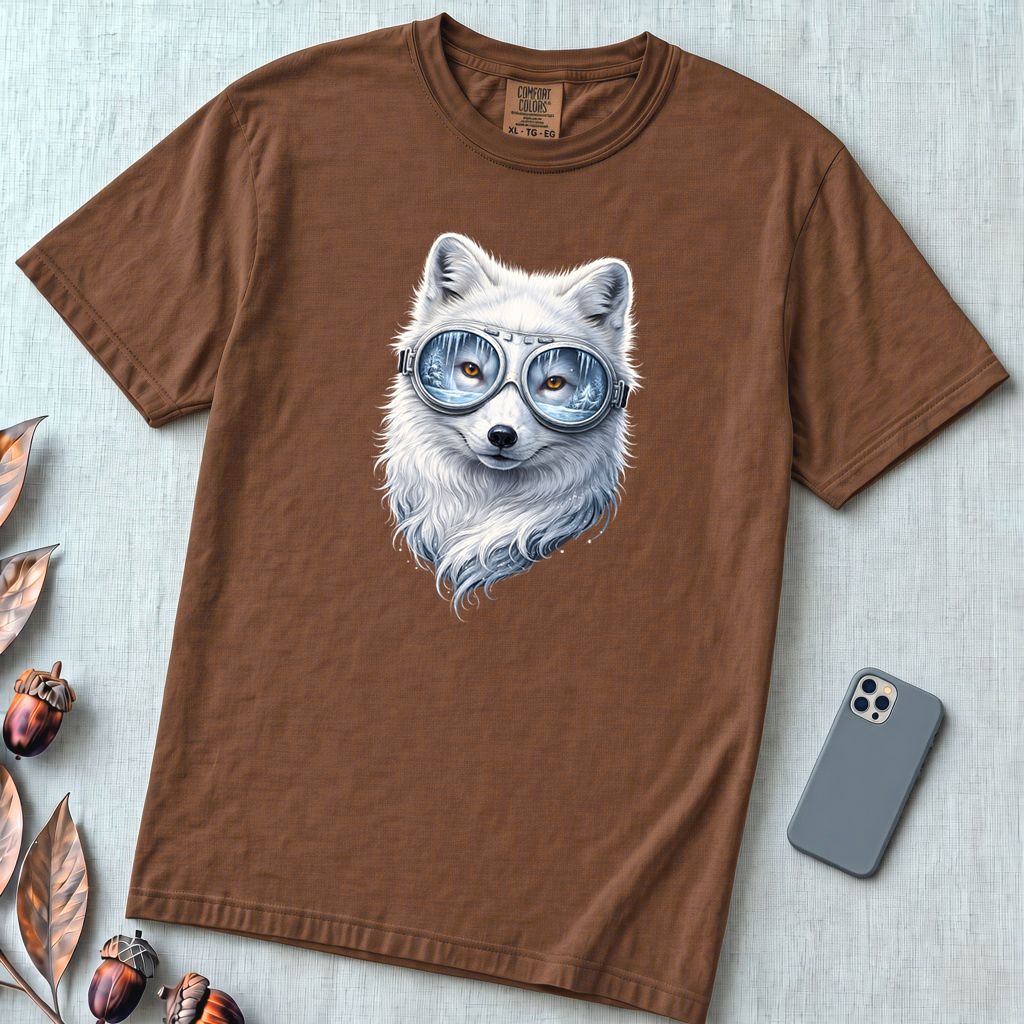 Arctic Fox With Winter Scene Goggles T-Shirt - Espresso unfolded t-shirt mockup