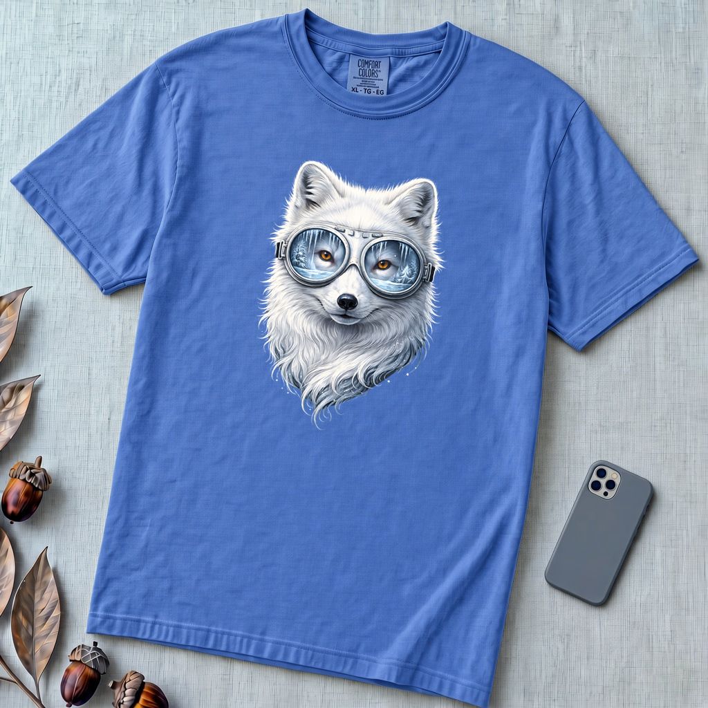 Arctic Fox With Winter Scene Goggles T-Shirt - Flo Blue unfolded t-shirt mockup