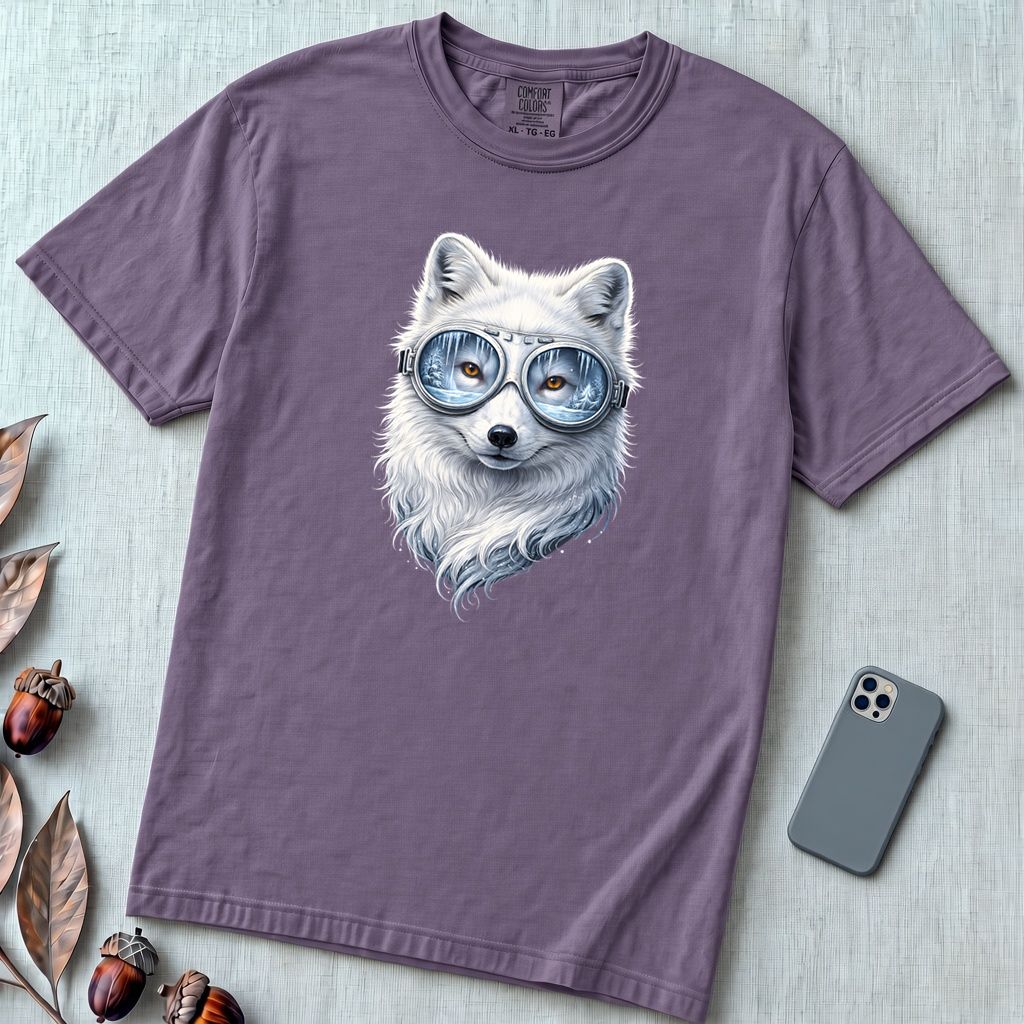 Arctic Fox With Winter Scene Goggles T-Shirt - Grape unfolded t-shirt mockup