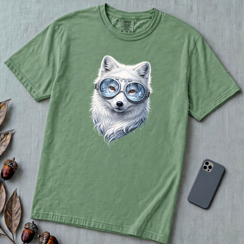Arctic Fox With Winter Scene Goggles T-Shirt - Light Green unfolded t-shirt mockup