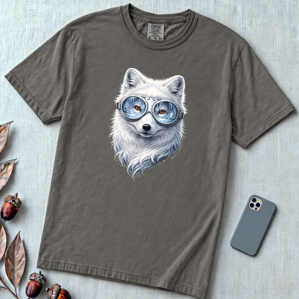Arctic Fox With Winter Scene Goggles T-Shirt - Pepper unfolded t-shirt mockup