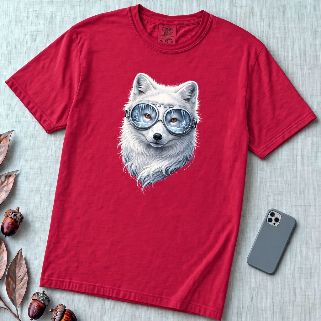 Arctic Fox With Winter Scene Goggles T-Shirt - Red unfolded t-shirt mockup