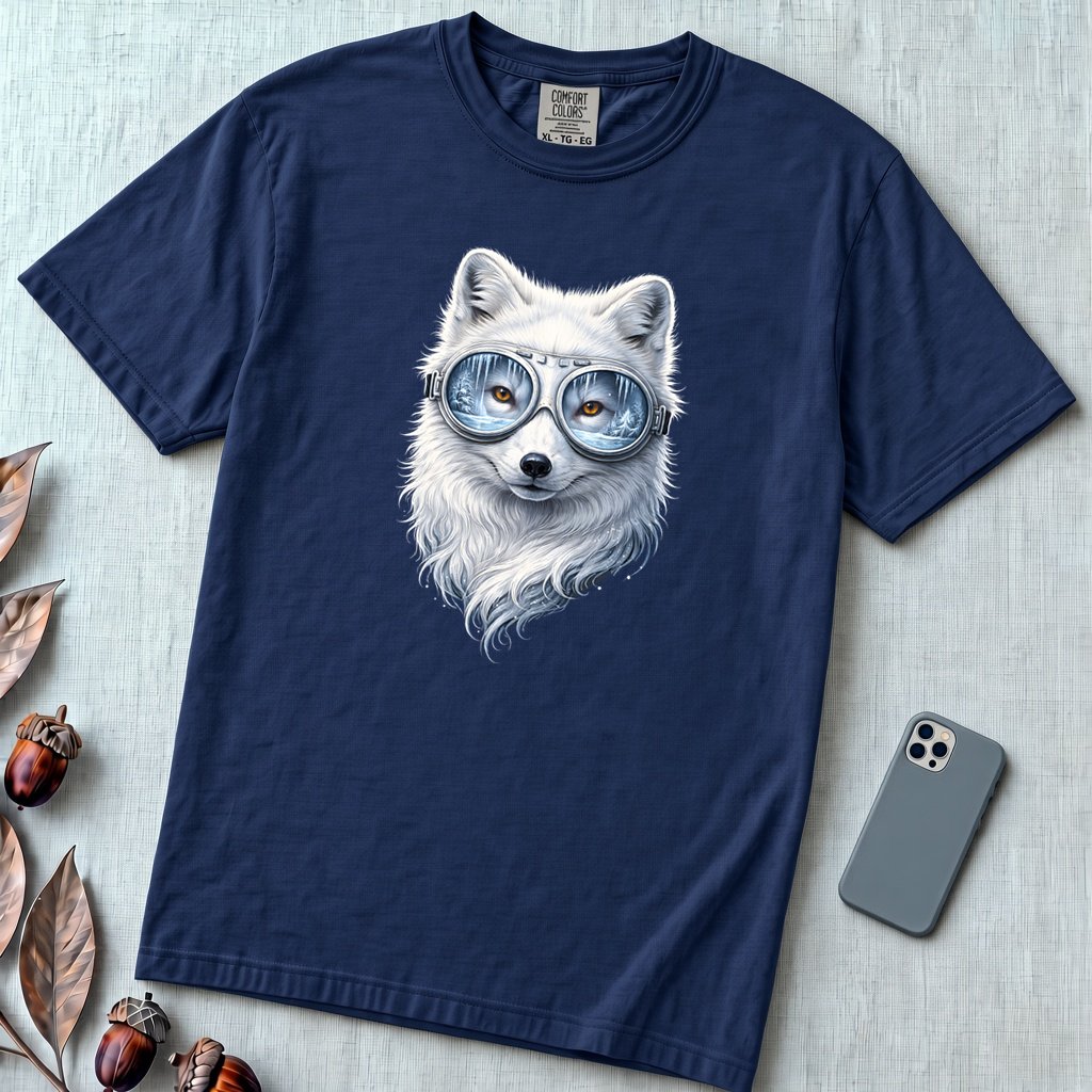 Arctic Fox With Winter Scene Goggles T-Shirt - True Navy unfolded t-shirt mockup