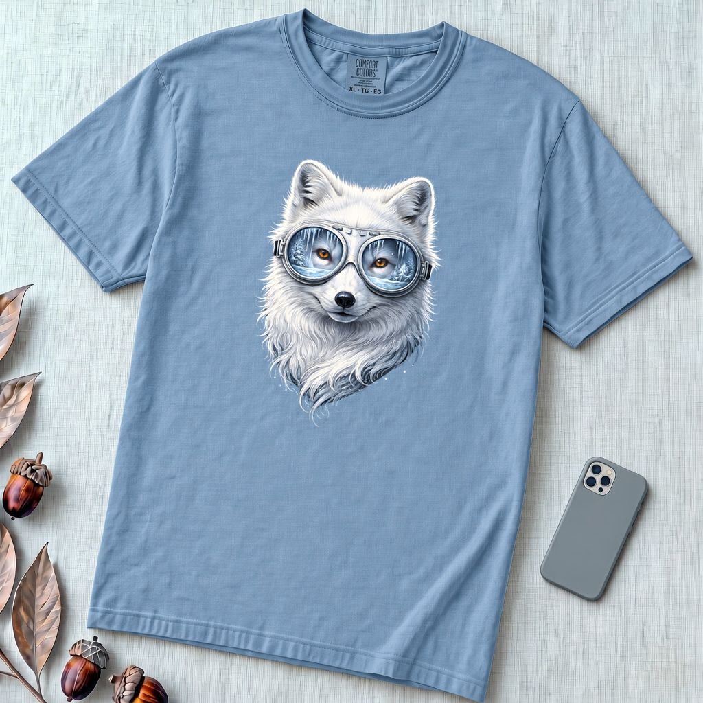Arctic Fox With Winter Scene Goggles T-Shirt - Washed Denim unfolded t-shirt mockup