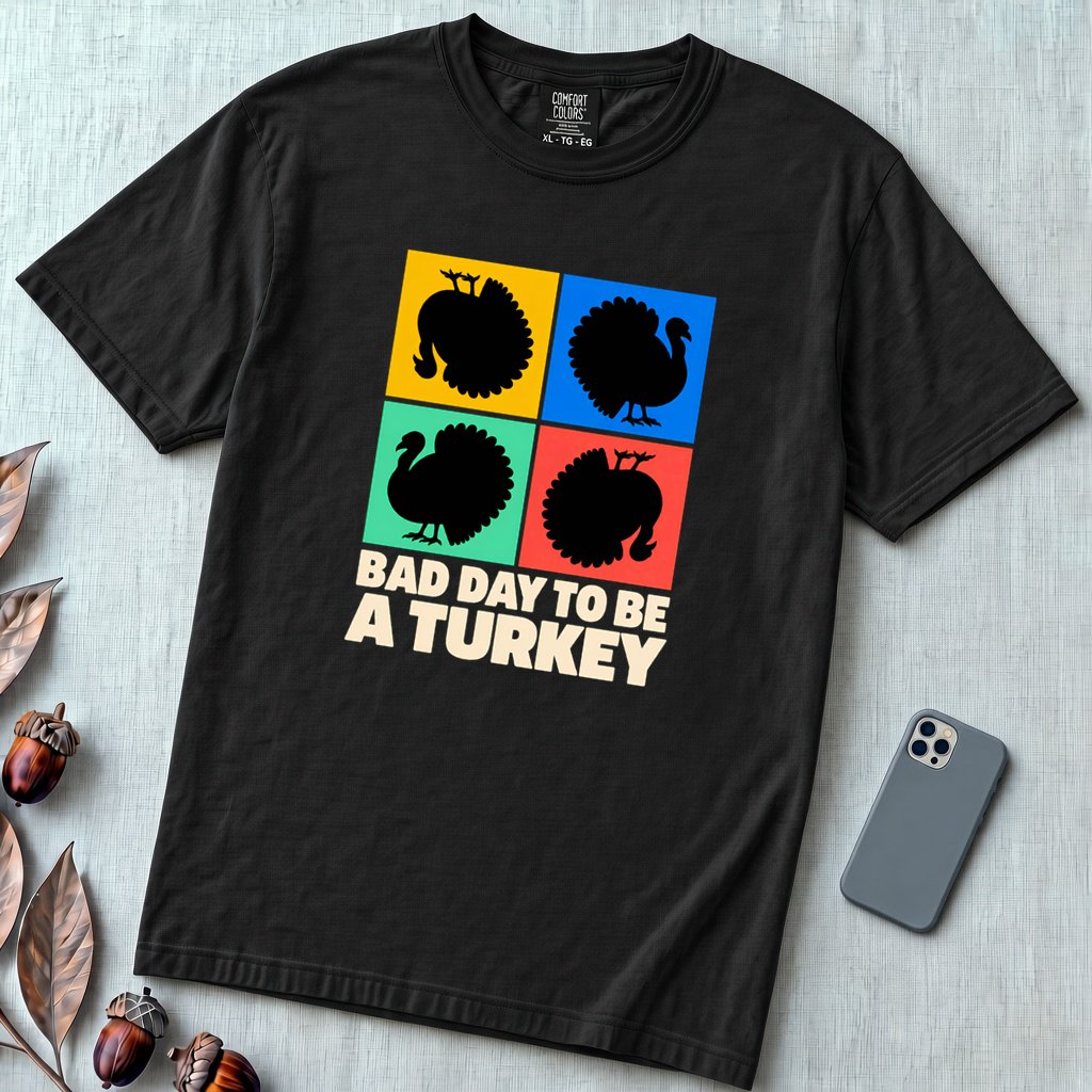 Bad Day To Be A Turkey Tee, Funny Thanksgiving T-Shirt - Black unfolded t-shirt mockup