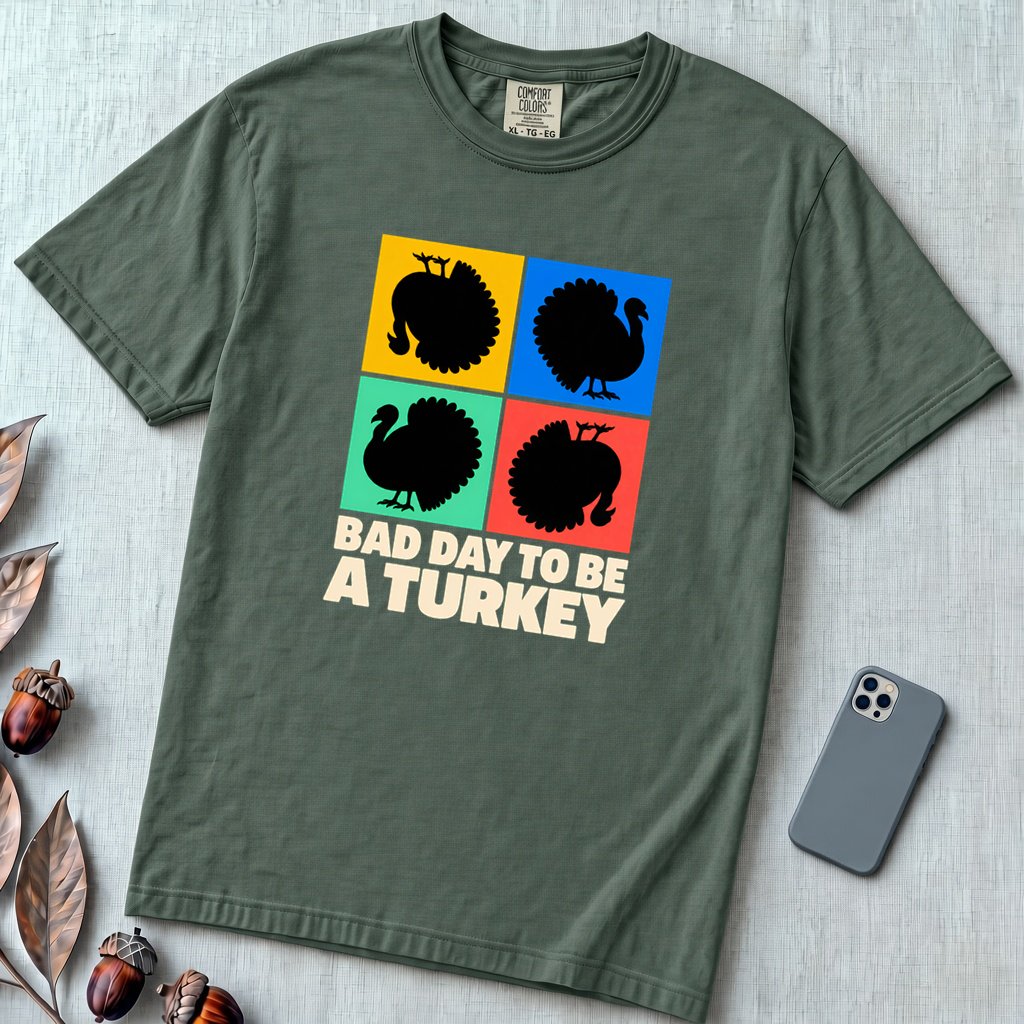 Bad Day To Be A Turkey Tee, Funny Thanksgiving T-Shirt - Blue Spruce unfolded t-shirt mockup