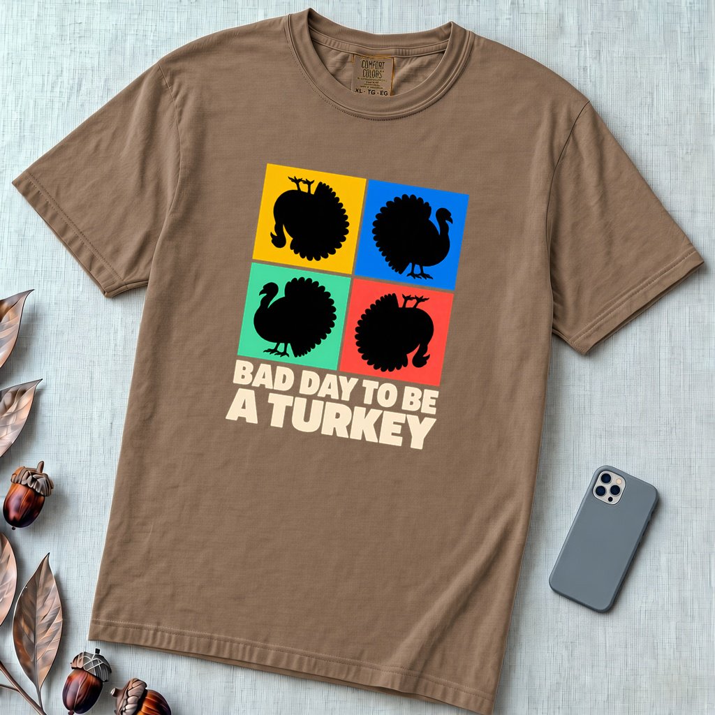 Bad Day To Be A Turkey Tee, Funny Thanksgiving T-Shirt - Espresso unfolded t-shirt mockup