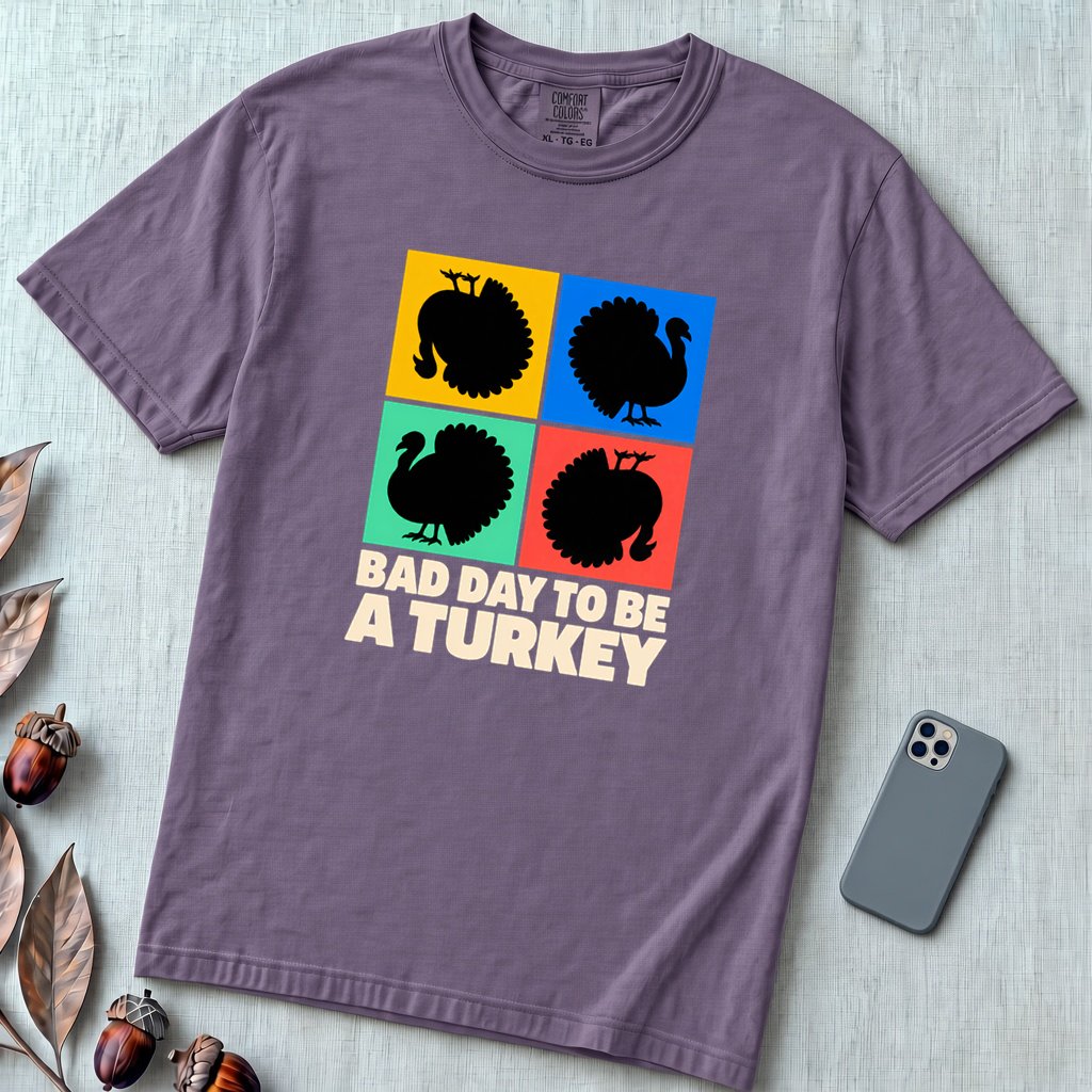 Bad Day To Be A Turkey Tee, Funny Thanksgiving T-Shirt - Grape unfolded t-shirt mockup