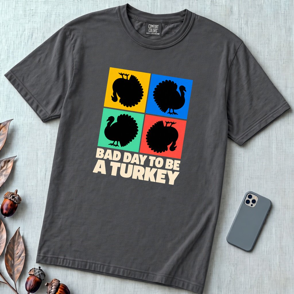Bad Day To Be A Turkey Tee, Funny Thanksgiving T-Shirt - Graphite unfolded t-shirt mockup