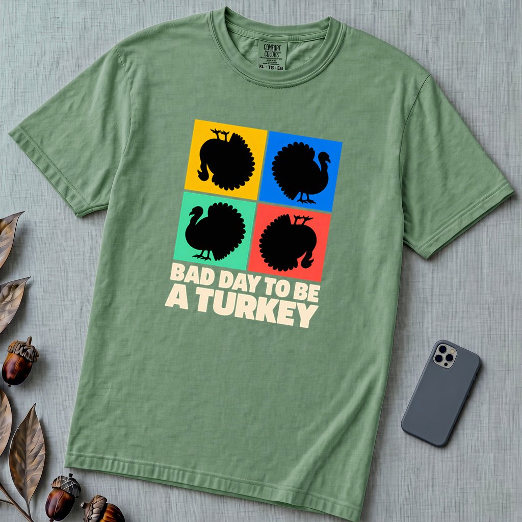 Bad Day To Be A Turkey Tee, Funny Thanksgiving T-Shirt - Light Green unfolded t-shirt mockup