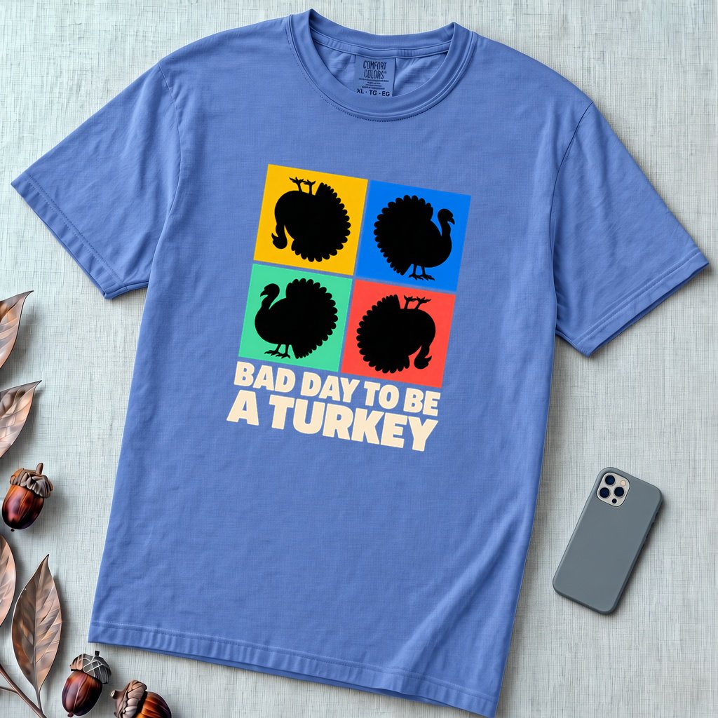 Bad Day To Be A Turkey Tee, Funny Thanksgiving T-Shirt - Mystic Blue unfolded t-shirt mockup