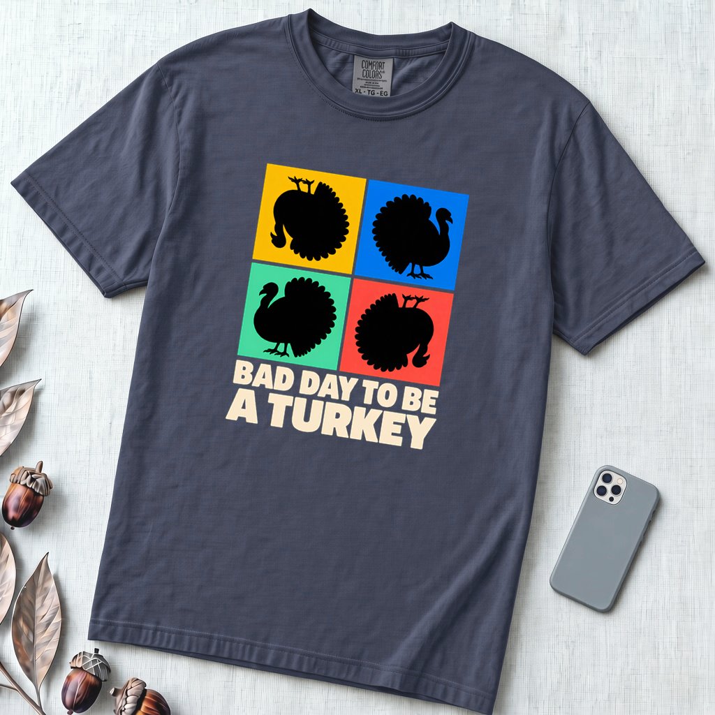Bad Day To Be A Turkey Tee, Funny Thanksgiving T-Shirt - Navy unfolded t-shirt mockup