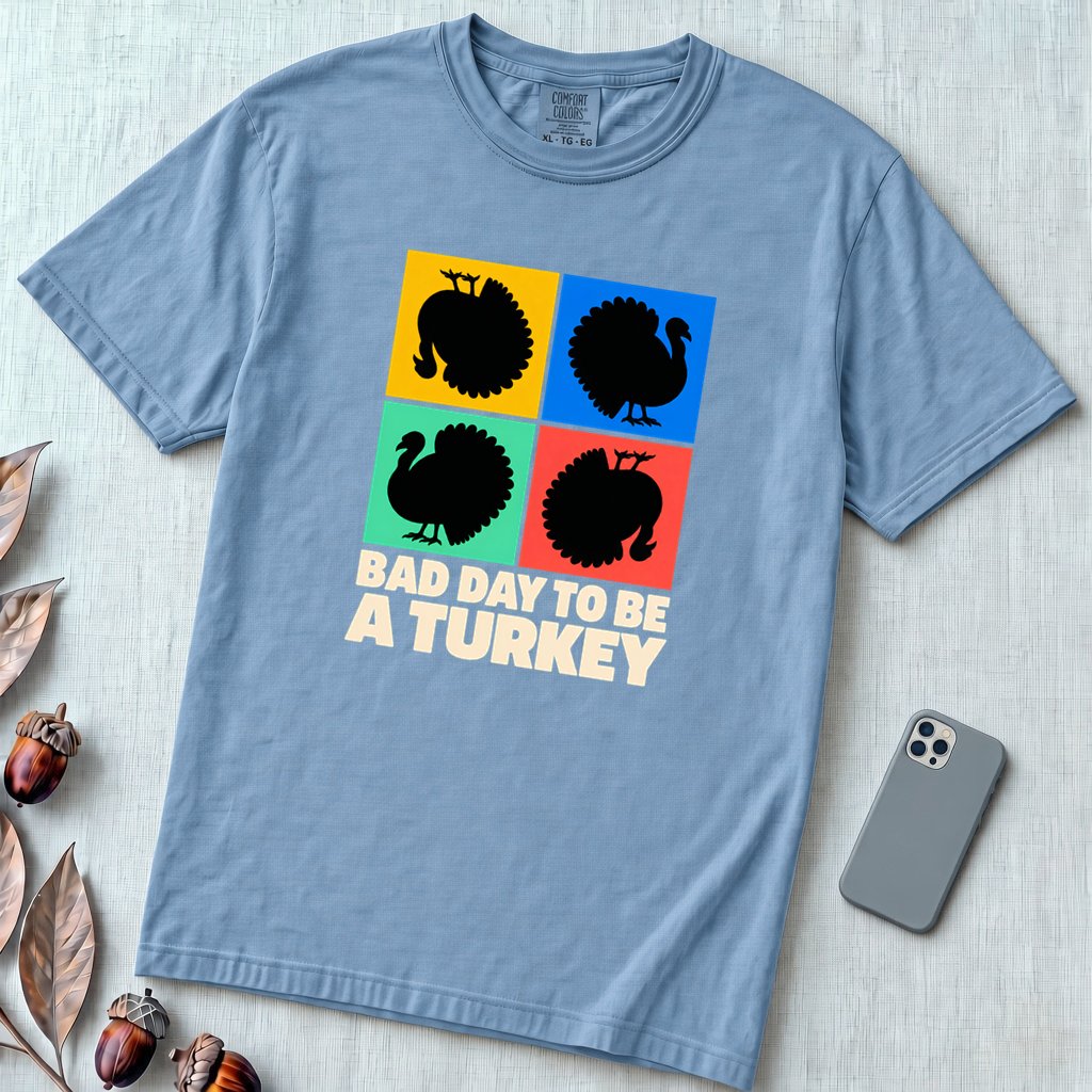 Bad Day To Be A Turkey Tee, Funny Thanksgiving T-Shirt - Washed Denim unfolded t-shirt mockup