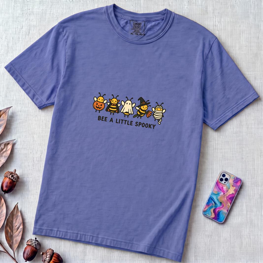 Bee A Little Spooky, Funny Halloween Bee T-Shirt - Flo Blue unfolded t-shirt mockup