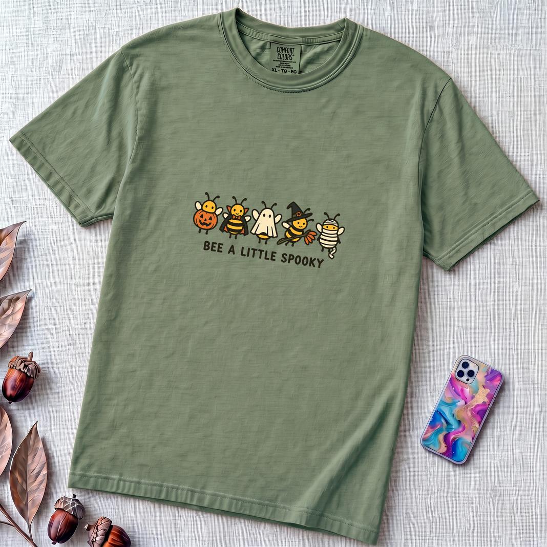 Bee A Little Spooky, Funny Halloween Bee T-Shirt - Light Green unfolded t-shirt mockup