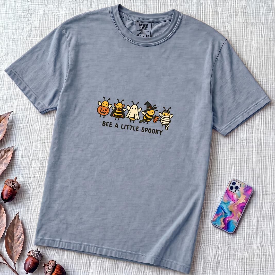 Bee A Little Spooky, Funny Halloween Bee T-Shirt - Washed Denim unfolded t-shirt mockup