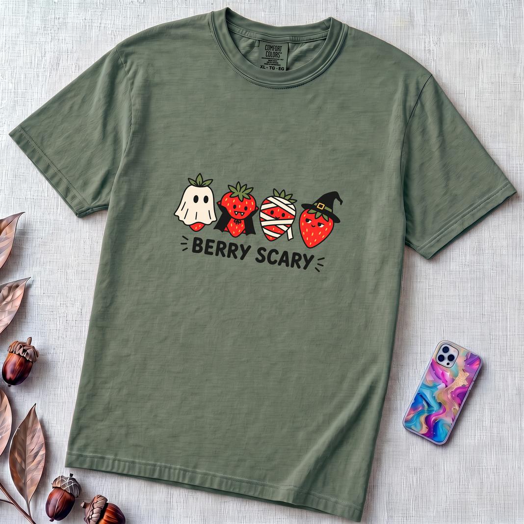 Berry Scary Halloween Strawberry T-Shirt - Blue Spruce unfolded t-shirt mockup