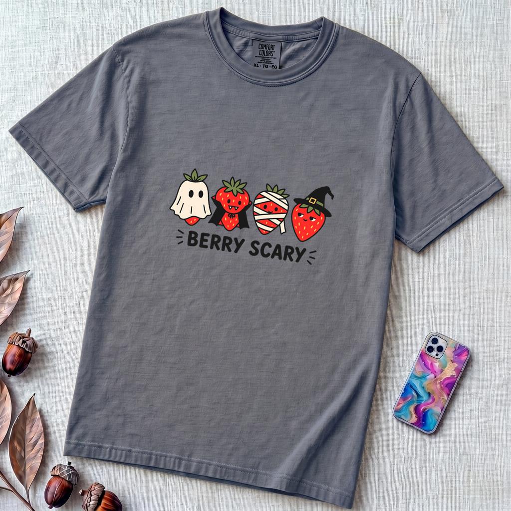 Berry Scary Halloween Strawberry T-Shirt - Denim unfolded t-shirt mockup