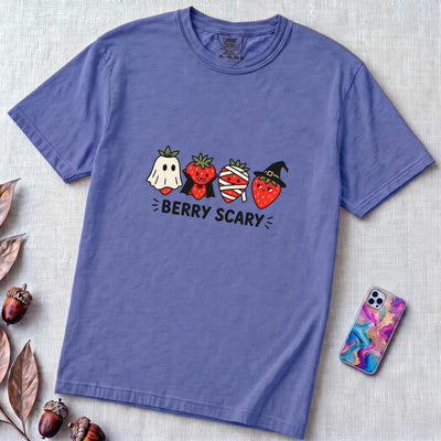 Berry Scary Halloween Strawberry T-Shirt - Flo Blue unfolded t-shirt mockup