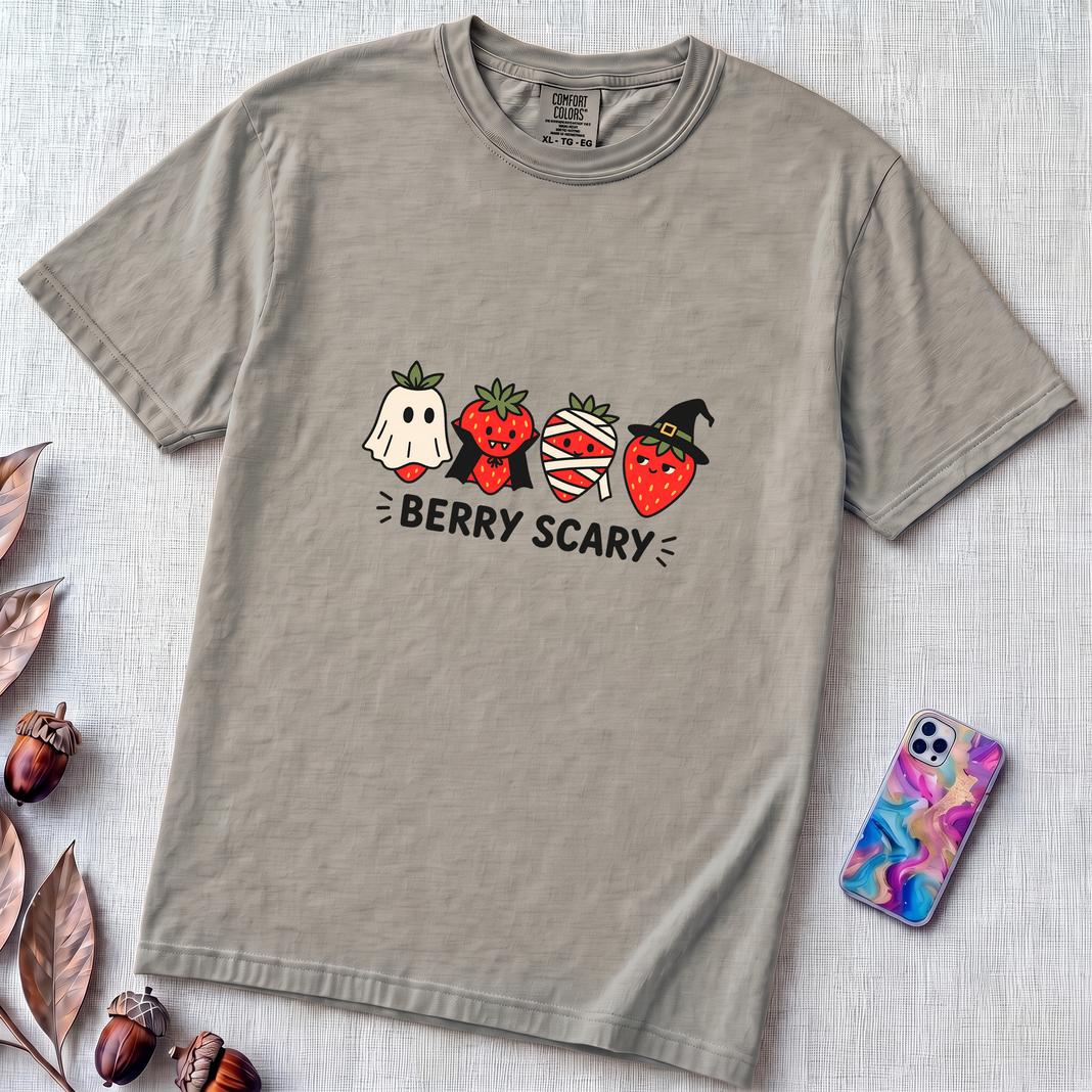 Berry Scary Halloween Strawberry T-Shirt - Granite unfolded t-shirt mockup
