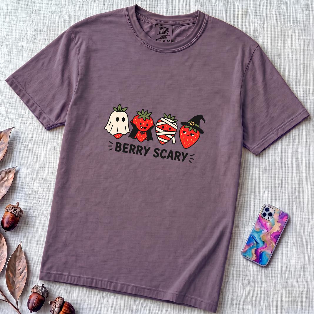 Berry Scary Halloween Strawberry T-Shirt - Grape unfolded t-shirt mockup