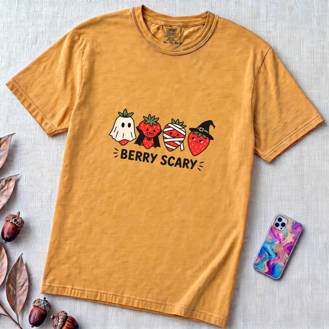 Berry Scary Halloween Strawberry T-Shirt - Mustard unfolded t-shirt mockup