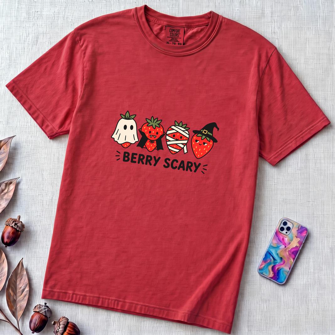 Berry Scary Halloween Strawberry T-Shirt - Red unfolded t-shirt mockup