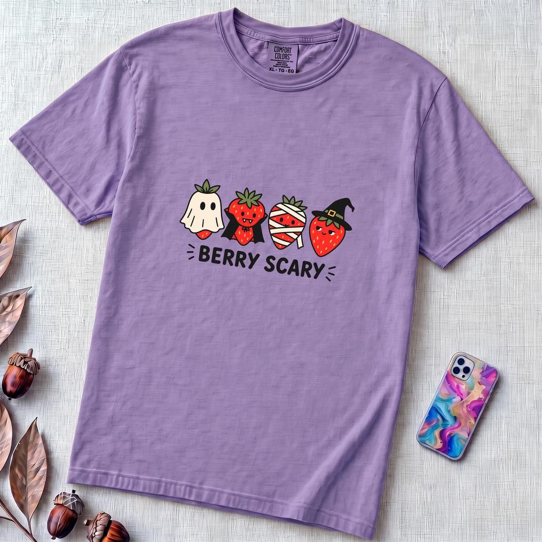 Berry Scary Halloween Strawberry T-Shirt - Violet unfolded t-shirt mockup