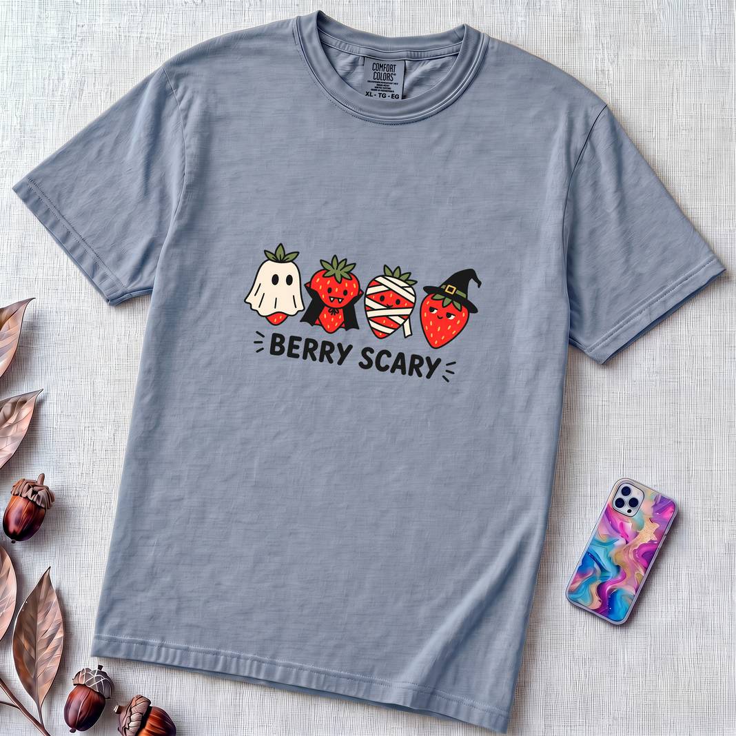 Berry Scary Halloween Strawberry T-Shirt - Washed Denim unfolded t-shirt mockup