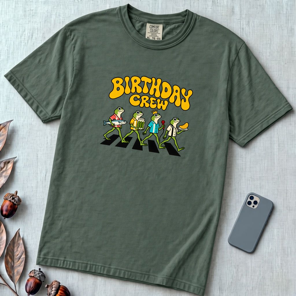 Birthday Crew Frog T-Shirt - Blue Spruce unfolded t-shirt mockup