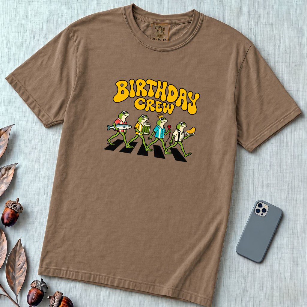 Birthday Crew Frog T-Shirt - Espresso unfolded t-shirt mockup