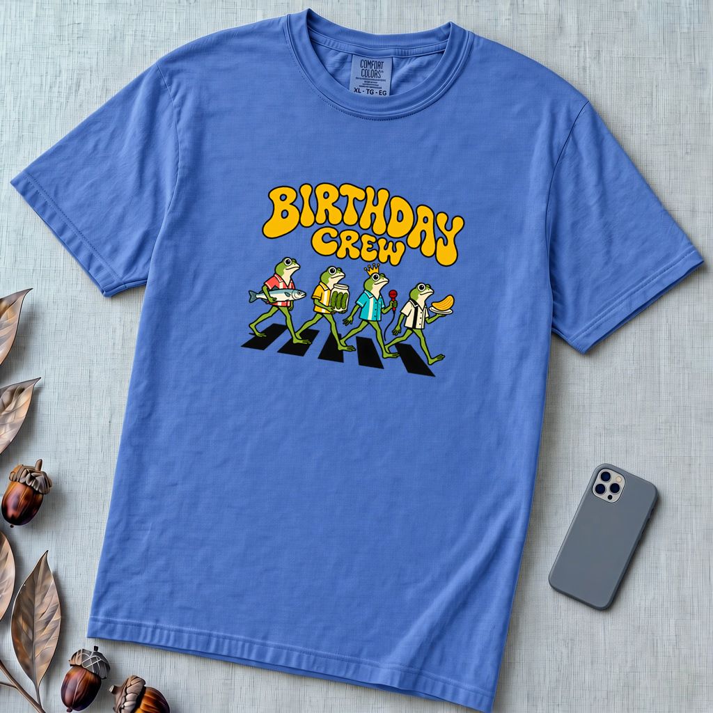 Birthday Crew Frog T-Shirt - Flo Blue unfolded t-shirt mockup