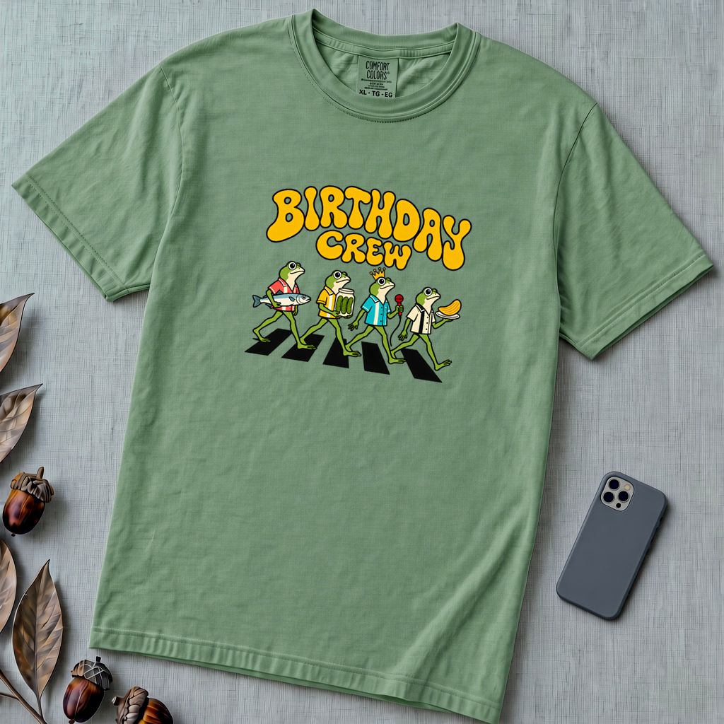 Birthday Crew Frog T-Shirt - Light Green unfolded t-shirt mockup
