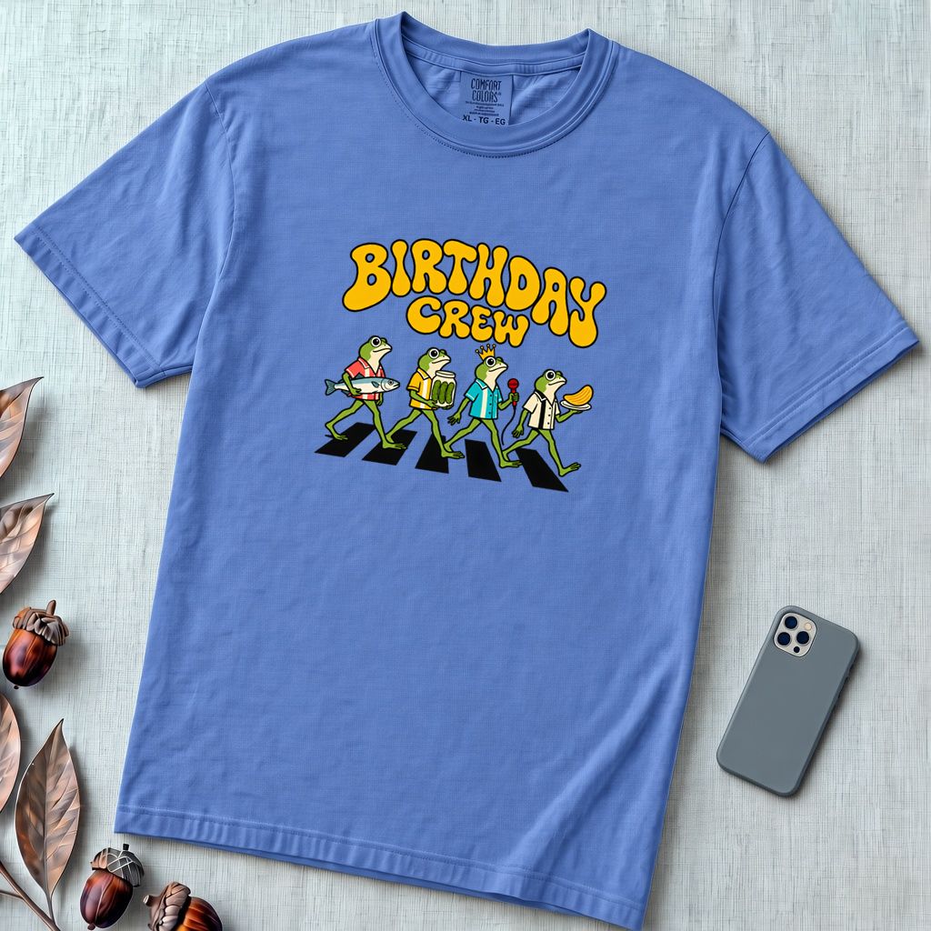 Birthday Crew Frog T-Shirt - Mystic Blue unfolded t-shirt mockup