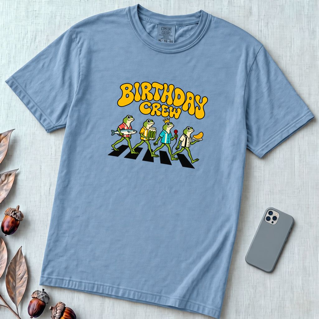 Birthday Crew Frog T-Shirt - Washed Denim unfolded t-shirt mockup