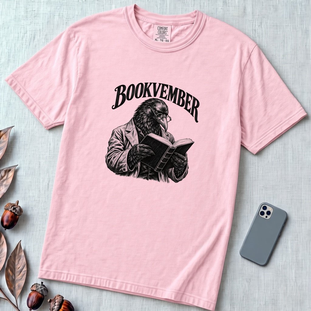 Bookvember Raven Reader T-Shirt, November Book Lover Tee - Blossom unfolded t-shirt mockup