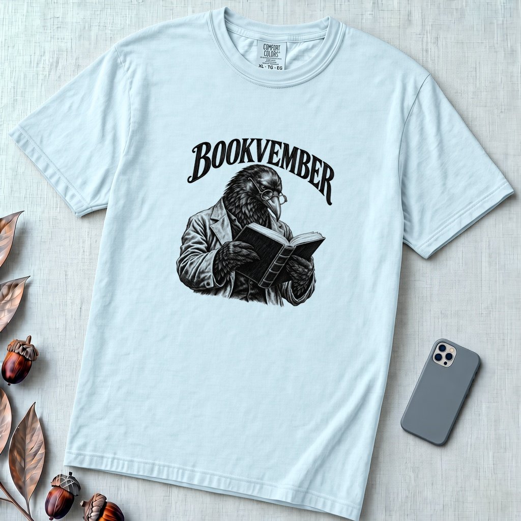 Bookvember Raven Reader T-Shirt, November Book Lover Tee - Chambray unfolded t-shirt mockup