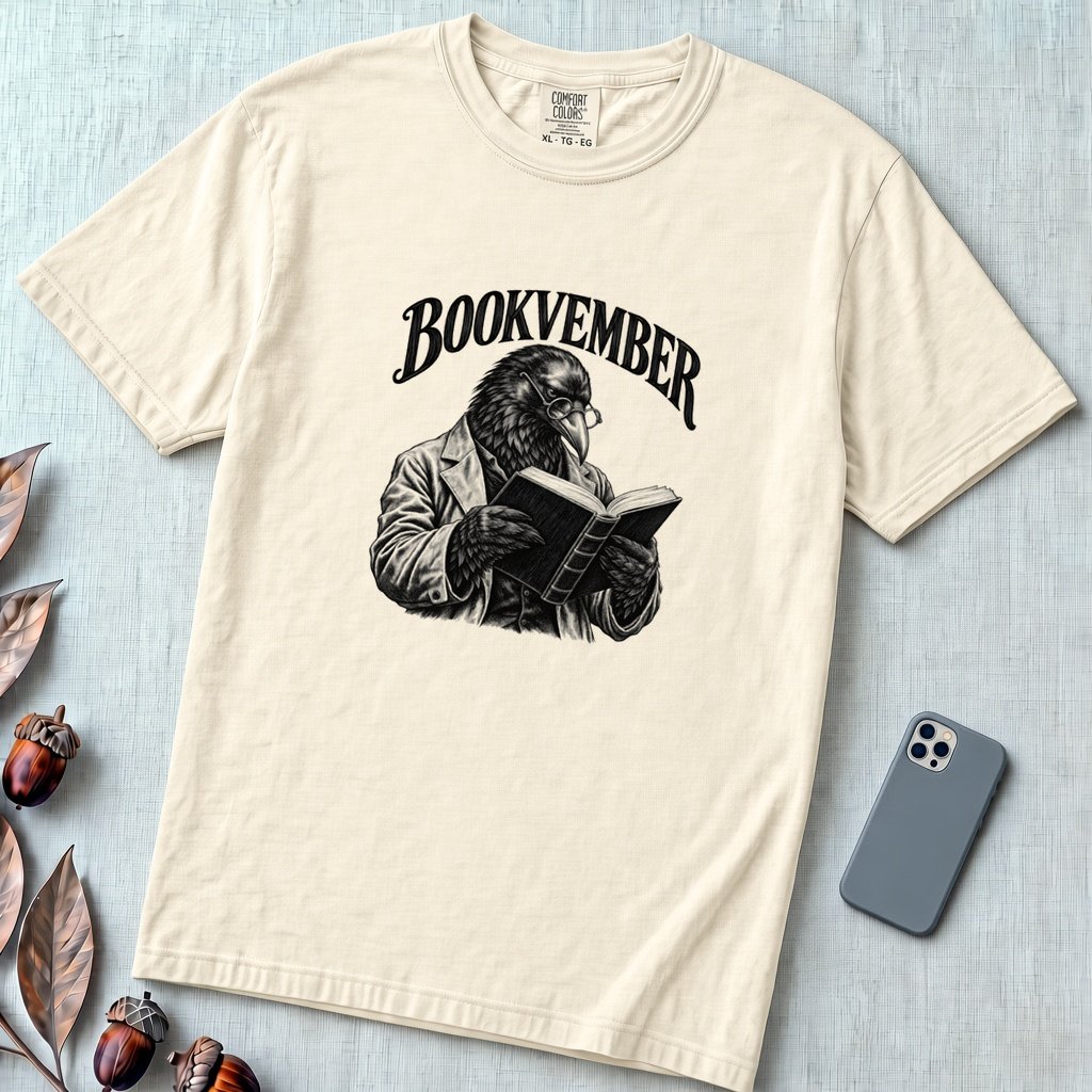 Bookvember Raven Reader T-Shirt, November Book Lover Tee - Ivory unfolded t-shirt mockup