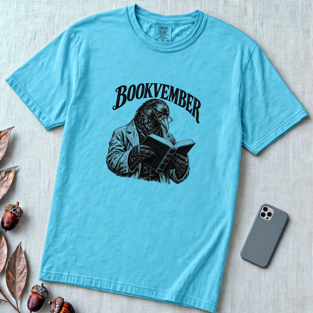 Bookvember Raven Reader T-Shirt, November Book Lover Tee - Lagoon Blue unfolded t-shirt mockup