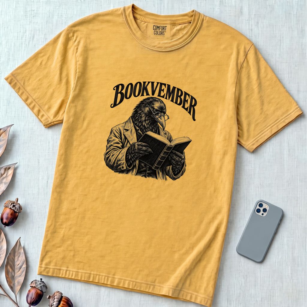 Bookvember Raven Reader T-Shirt, November Book Lover Tee - Mustard unfolded t-shirt mockup