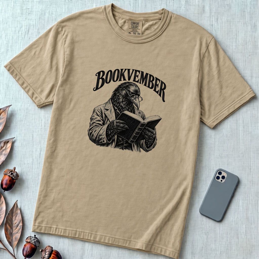 Bookvember Raven Reader T-Shirt, November Book Lover Tee - Sandstone unfolded t-shirt mockup