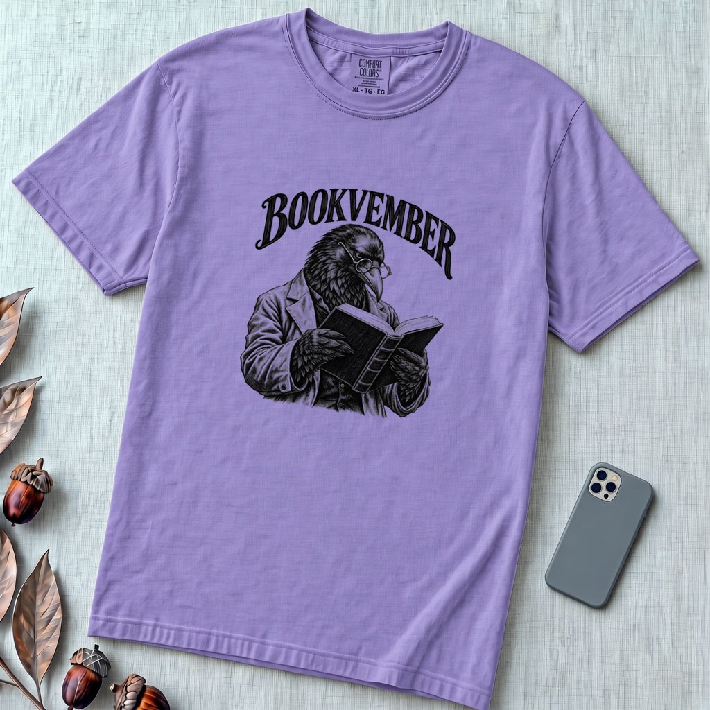 Bookvember Raven Reader T-Shirt, November Book Lover Tee - Violet unfolded t-shirt mockup