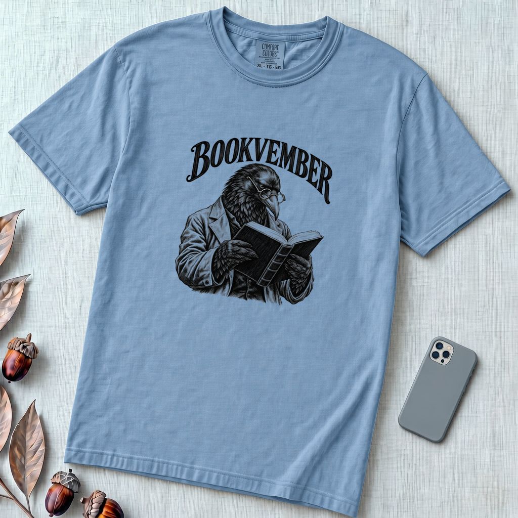 Bookvember Raven Reader T-Shirt, November Book Lover Tee - Washed Denim unfolded t-shirt mockup