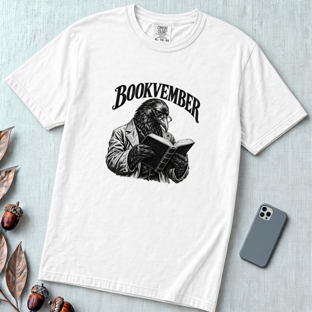 Bookvember Raven Reader T-Shirt, November Book Lover Tee - White unfolded t-shirt mockup
