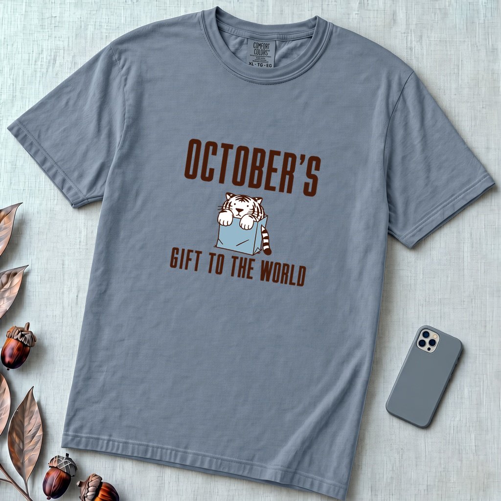 Born In October Gift, Funny Birthday T-Shirt - Blue Jean unfolded t-shirt mockup