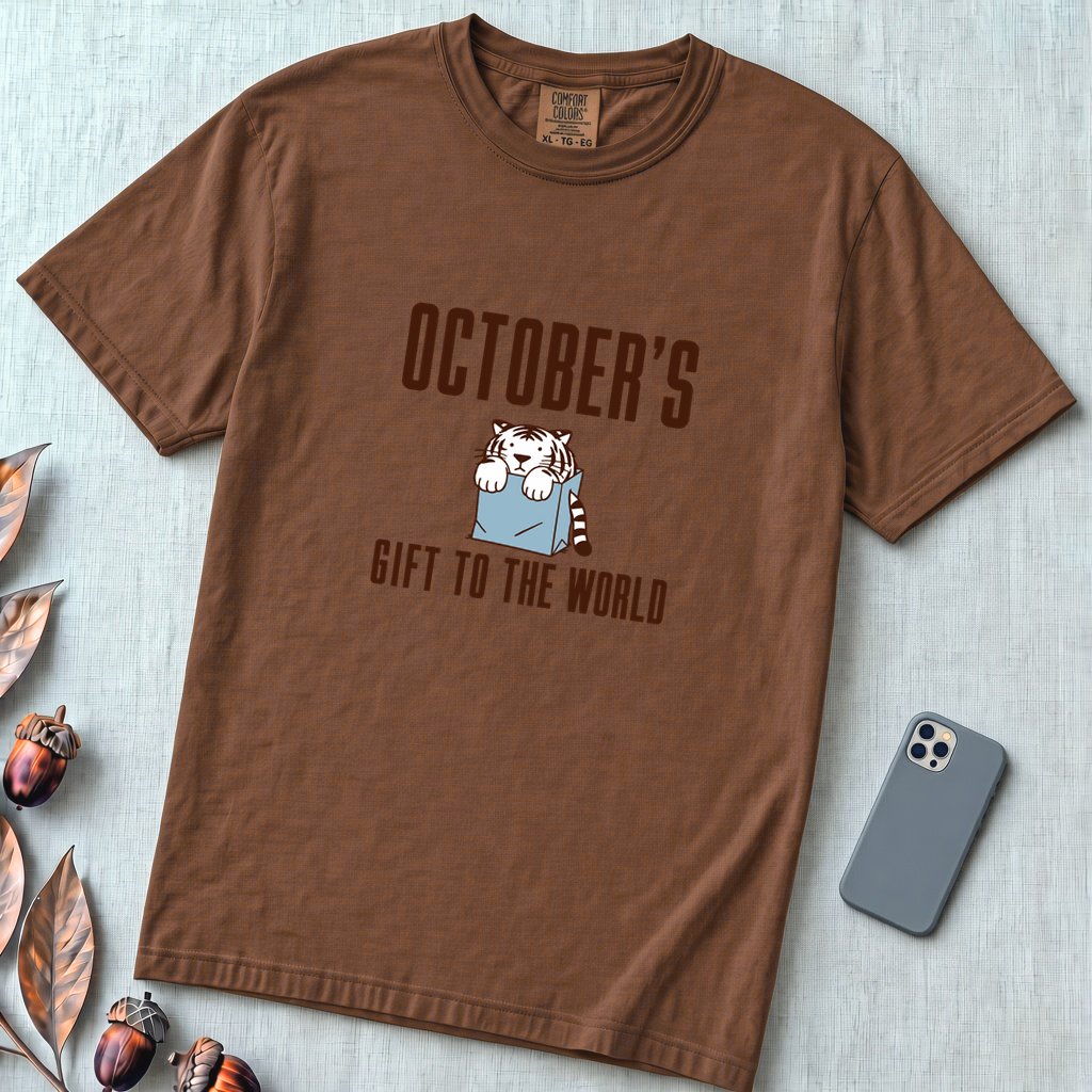 Born In October Gift, Funny Birthday T-Shirt - Espresso unfolded t-shirt mockup
