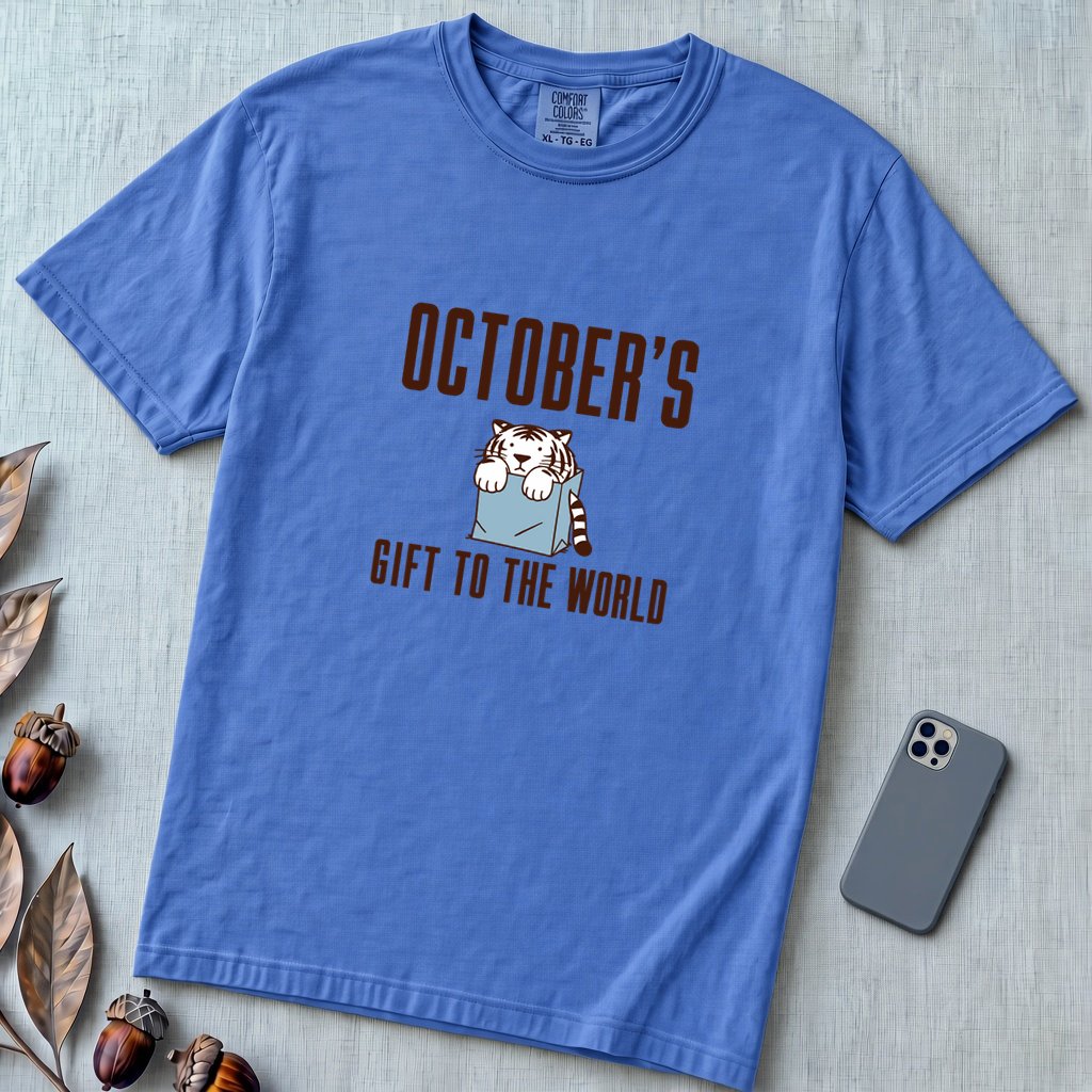 Born In October Gift, Funny Birthday T-Shirt - Flo Blue unfolded t-shirt mockup