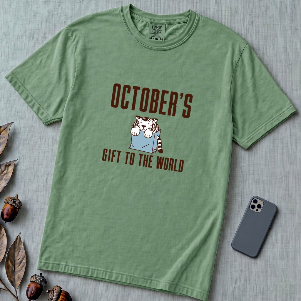 Born In October Gift, Funny Birthday T-Shirt - Light Green unfolded t-shirt mockup