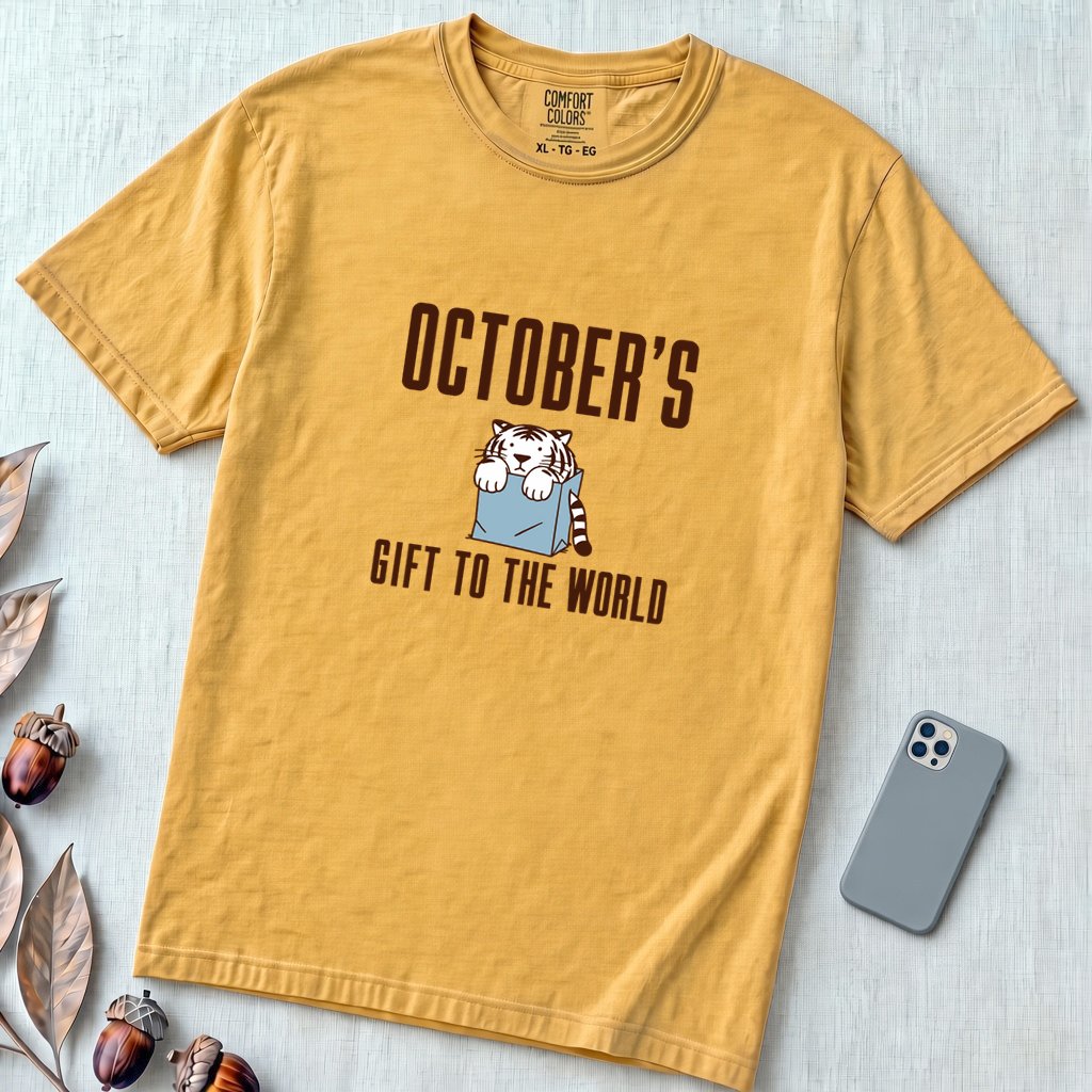 Born In October Gift, Funny Birthday T-Shirt - Mustard unfolded t-shirt mockup