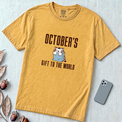 Born In October Gift, Funny Birthday T-Shirt - Mustard unfolded t-shirt mockup